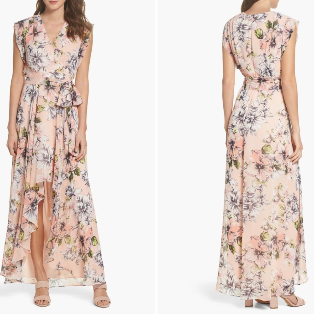 Eliza J chiffon floral printed ruffle high/low maxi dress. BRAND NEW W TAGS!